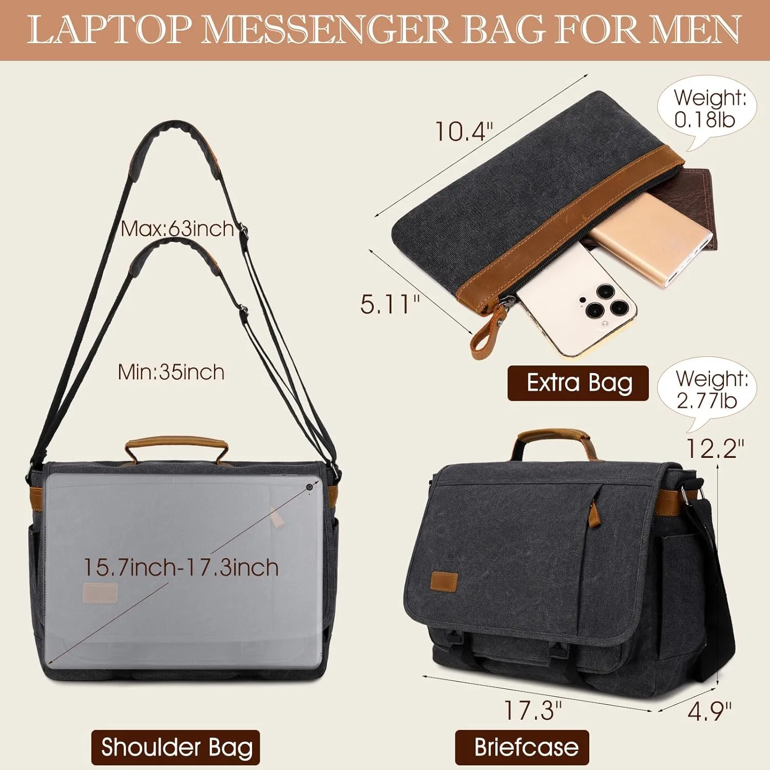 17.3 Inch Messenger Bag for Men: 2PCS Laptop Bag PU Leather Canvas Work Briefcase Large Office