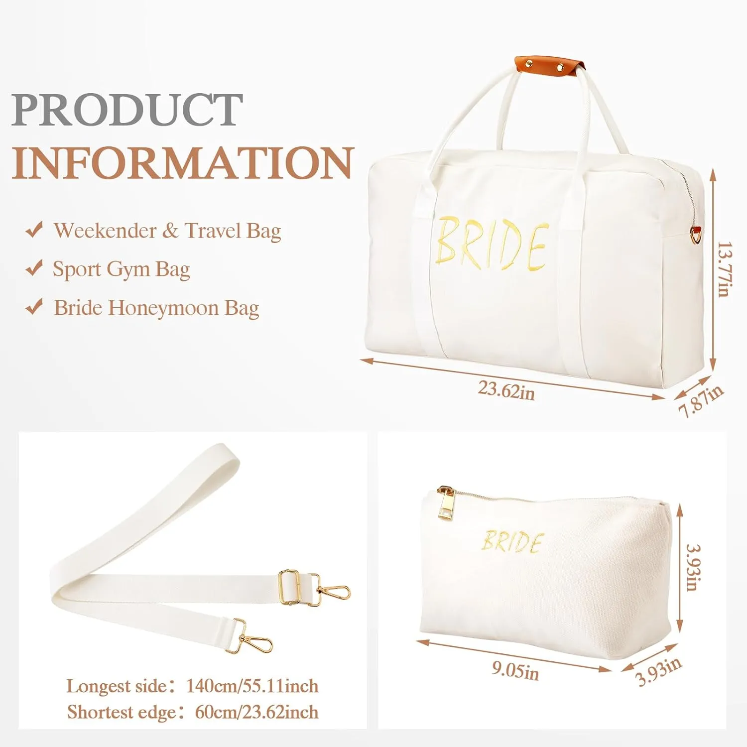 2 Pcs Wedding Weekender Bag for Women Bridal Shower Gifts Bride Travel with Shoe Compartment Shoulder Bride Bag with Chenille Letter Patch Makeup Gift for Wedding Engagement Honeymoon