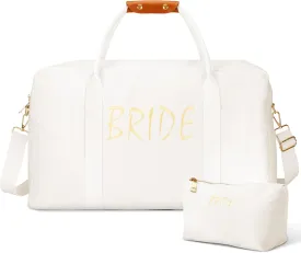 2 Pcs Wedding Weekender Bag for Women Bridal Shower Gifts Bride Travel with Shoe Compartment Shoulder Bride Bag with Chenille Letter Patch Makeup Gift for Wedding Engagement Honeymoon