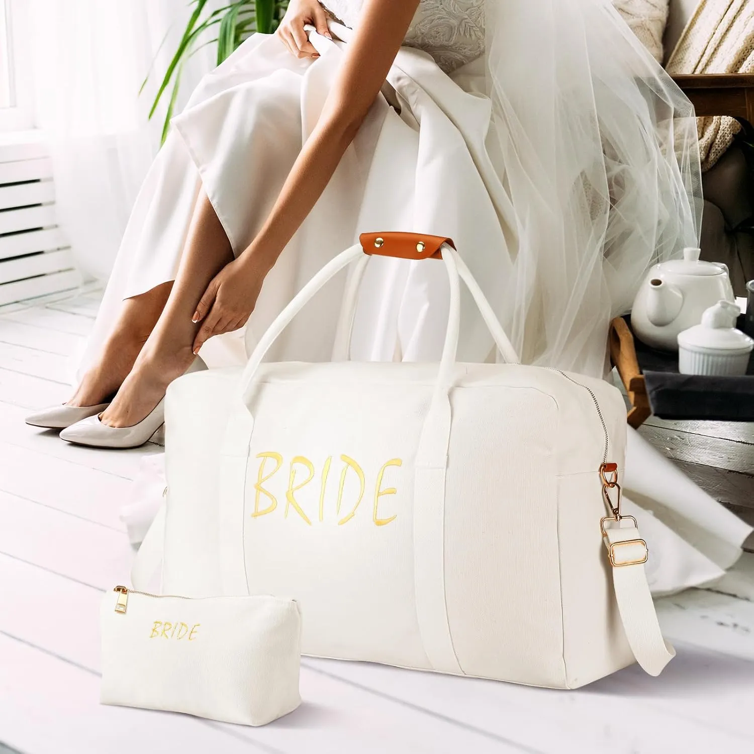 2 Pcs Wedding Weekender Bag for Women Bridal Shower Gifts Bride Travel with Shoe Compartment Shoulder Bride Bag with Chenille Letter Patch Makeup Gift for Wedding Engagement Honeymoon