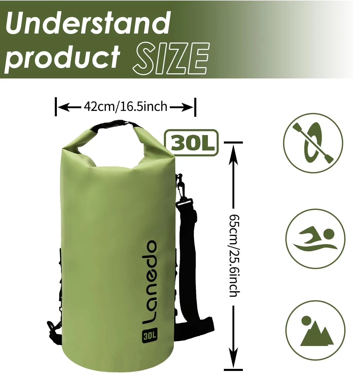 20L/30L Dry Bag Large Waterproof Bag Roll-Top Heavy Duty Fishing Duffel Bag with Durable Straps for Kayaking Paddle boarding Boating Rafting Fishing (Green, 30L)