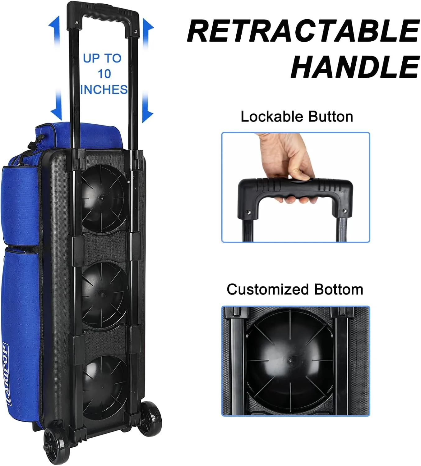 3 Bowling Ball Bag With Wheels - Rolling Bag for Balls & Accessories - Retractable Handle Extends to 38"