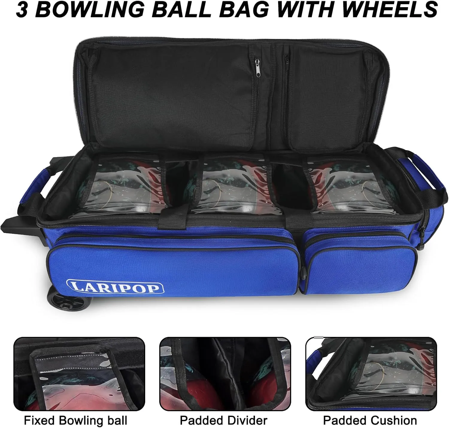3 Bowling Ball Bag With Wheels - Rolling Bag for Balls & Accessories - Retractable Handle Extends to 38"