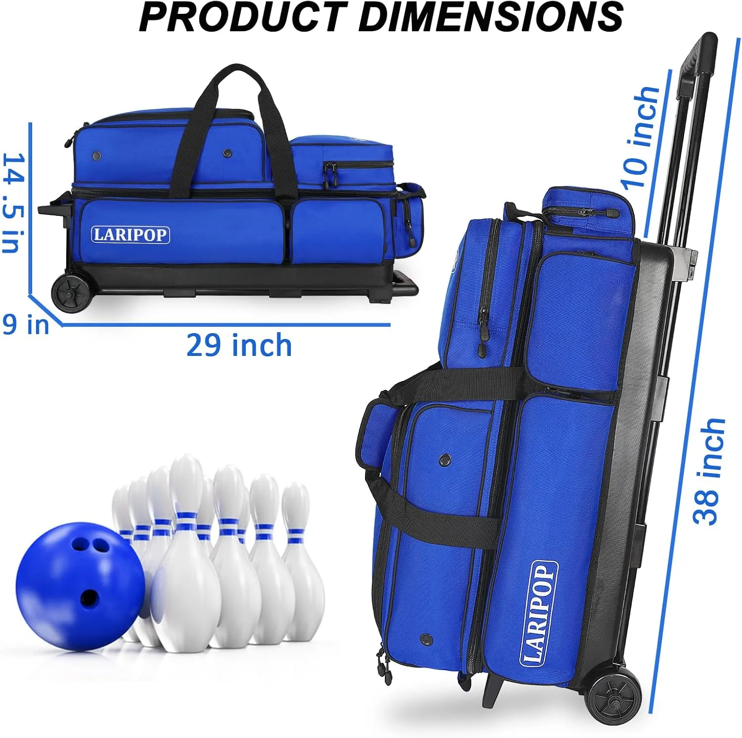 3 Bowling Ball Bag With Wheels - Rolling Bag for Balls & Accessories - Retractable Handle Extends to 38"