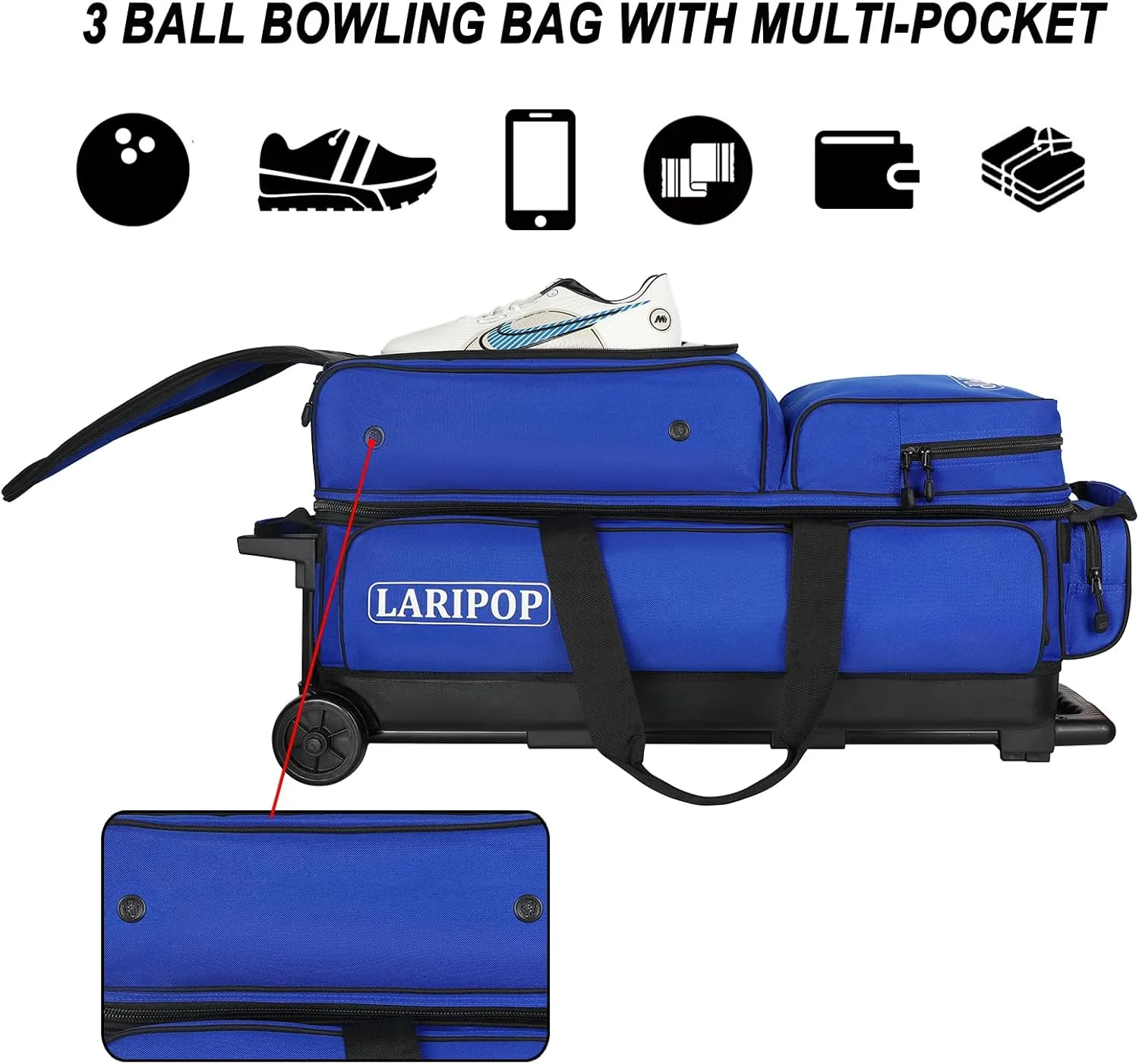 3 Bowling Ball Bag With Wheels - Rolling Bag for Balls & Accessories - Retractable Handle Extends to 38"