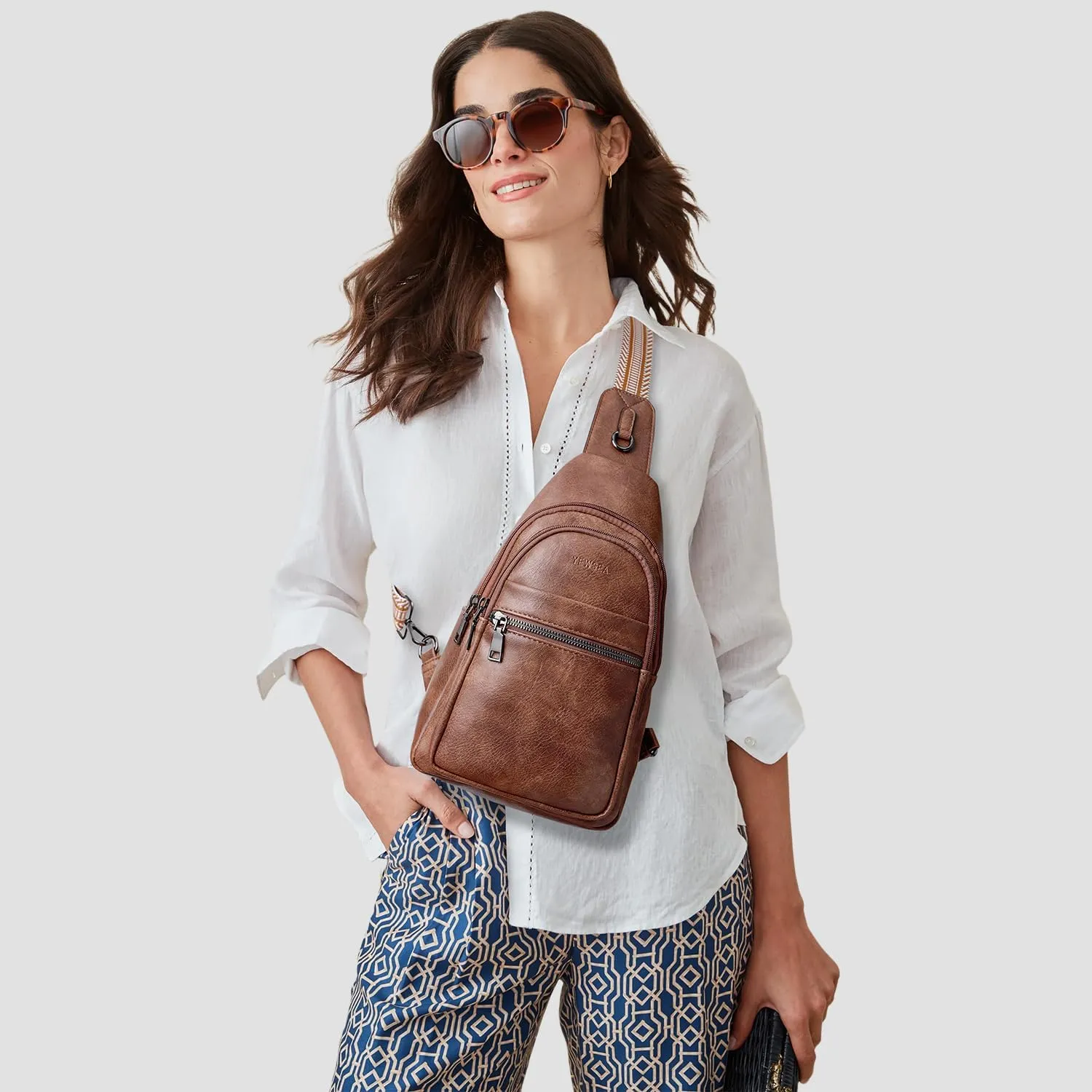 8L Crossbody Sling Bag Fanny Pack For Women Men Backpack Travel Shoulder Bags Purse Handbag Gifts For Her PU Leather Brown