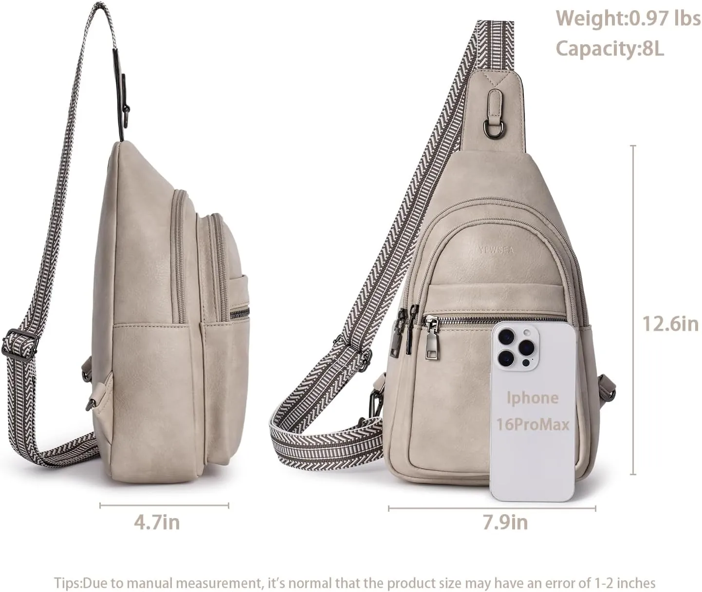 8L Crossbody Sling Bag Fanny Pack For Women Men Backpack Travel Shoulder Bags Purse Handbag Gifts For Her PU Leather Light Grey