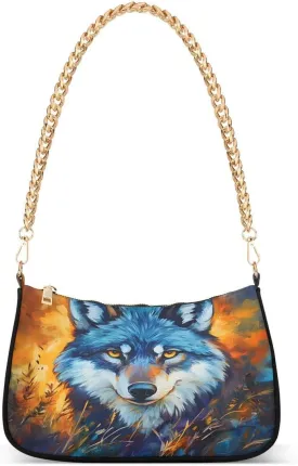 ALAZA Wolf Animal Orange Chian Shoulder Bag Handbags Tote Mini Clutch Purse Hobo Bag with Zipper Closure for Women