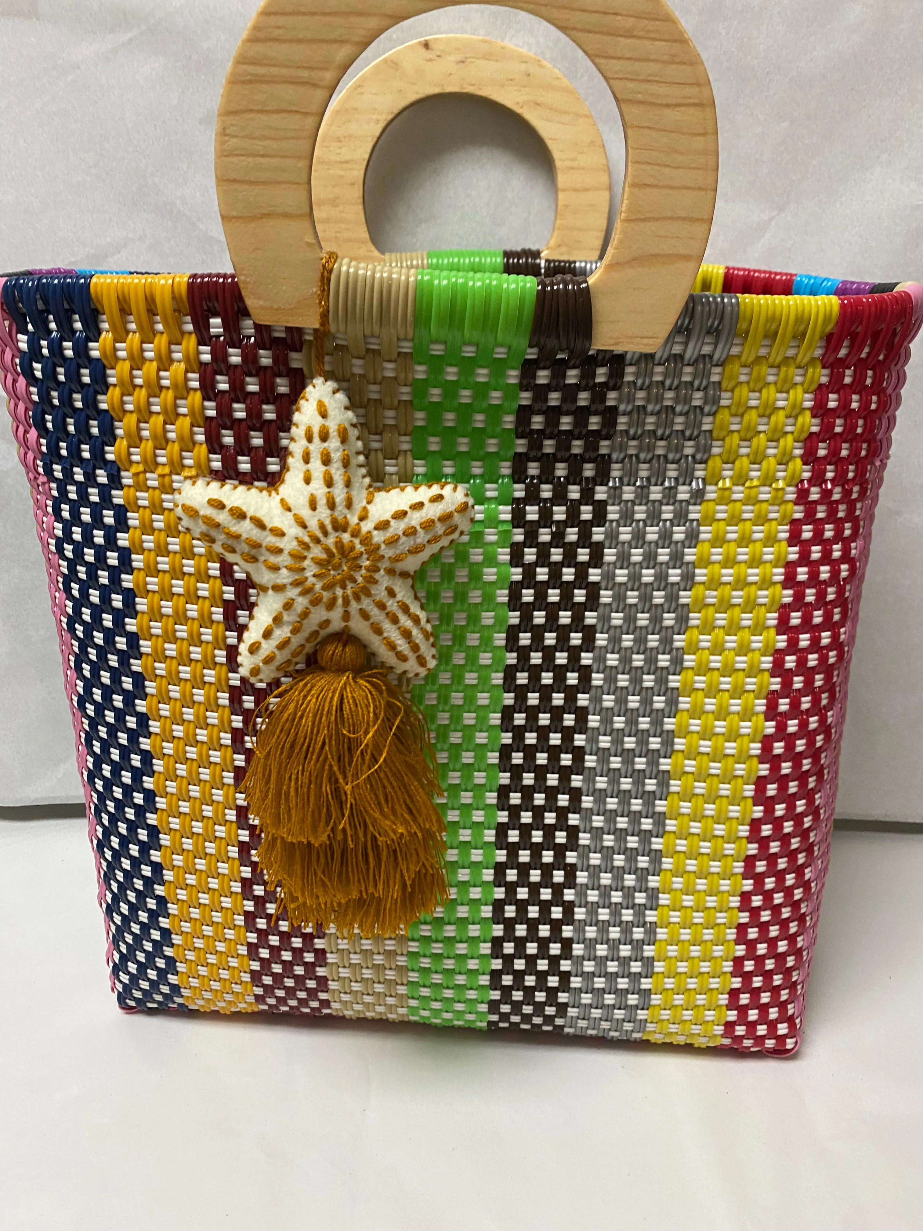 Artisan Woven Handbag with Wood Handle