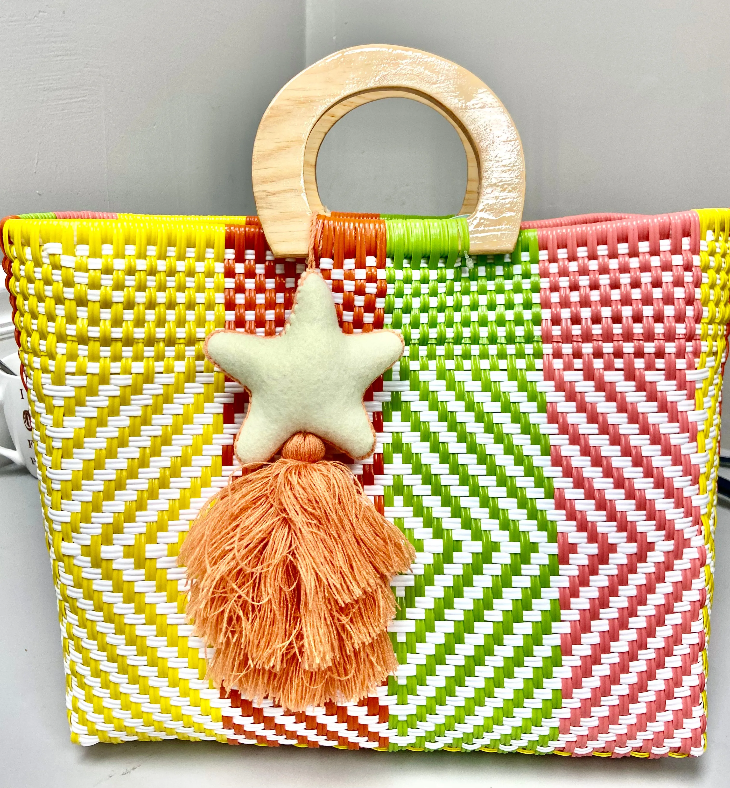 Artisan Woven Handbag with Wood Handle