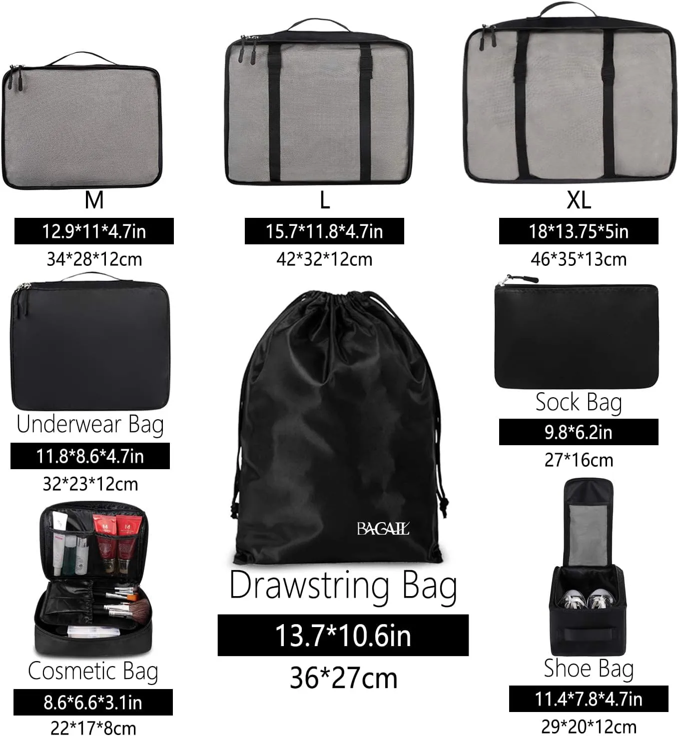 BAGAIL 8 Set Packing Cubes Luggage Packing Organizers for Travel Accessories (Jet Black)