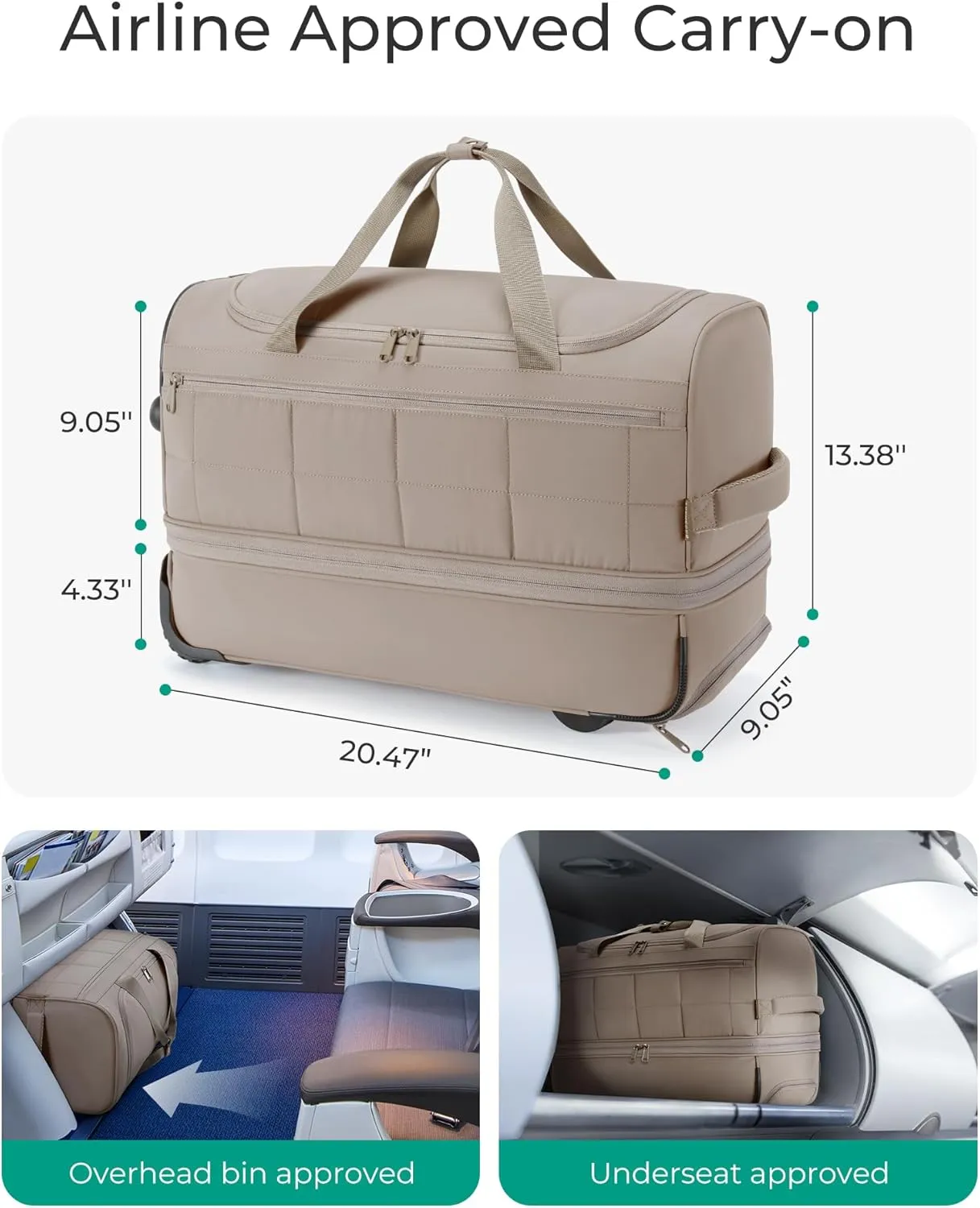BAGSMART 40L Rolling Duffle Bag with Wheels and Handle, TSA Underseat Carry On Bags for Travel with Shoe Compartment, Camel