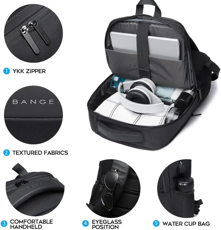 BANGE Travel Laptop Backpack with USB charge port can fit 15.6 Inch laptop for Men and Women (Black)