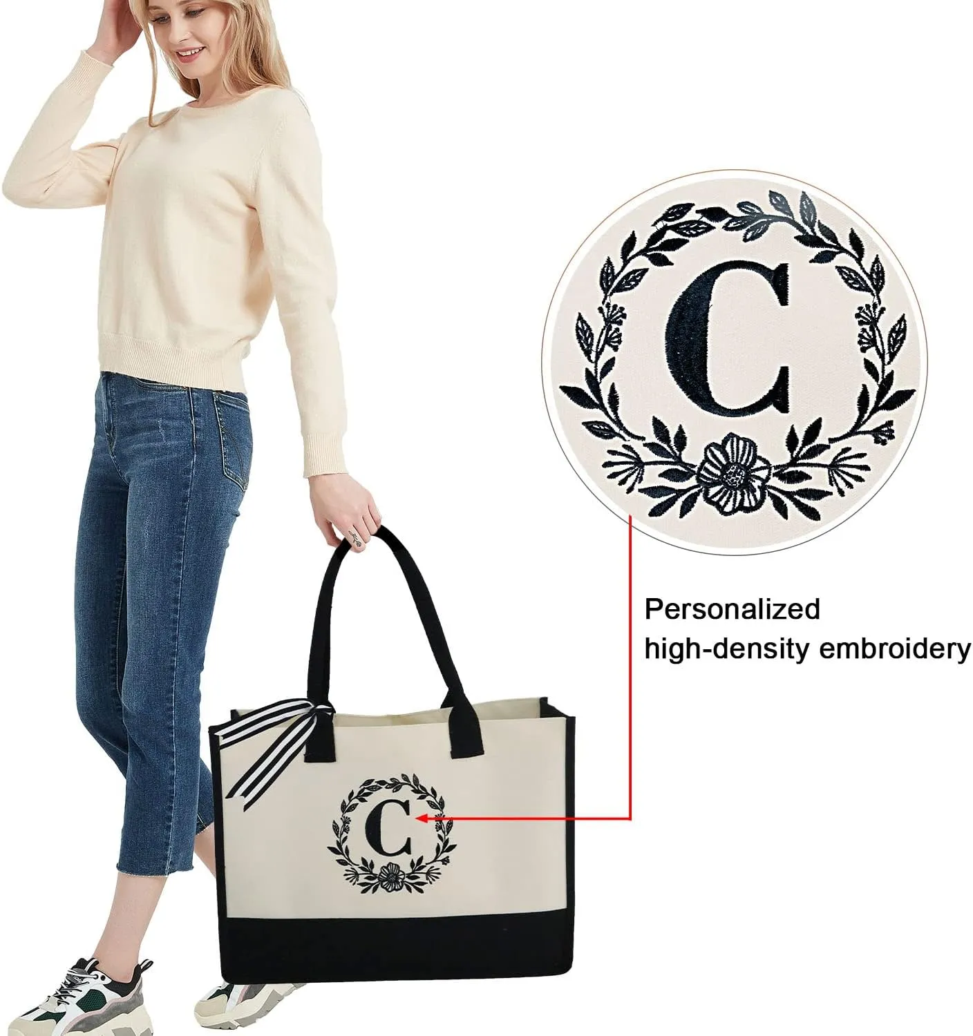 BeeGreen Initial Canvas/Jute Tote Bag Personalized Bag for Wedding, Birthday, Beach, Gift for Women, Mom, Teacher,Friend