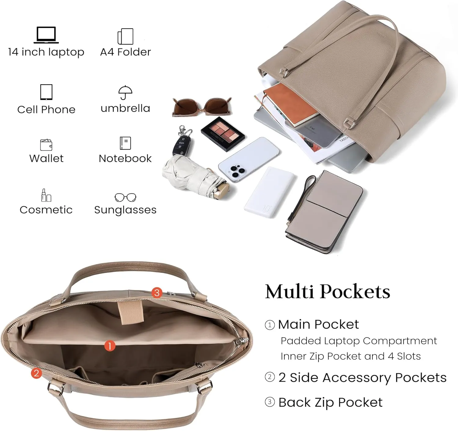 befen Genuine Leather Work Tote Bag for Women Laptop Shoulder Bags Womens Travel Purses Satchel Handbags with Compartments