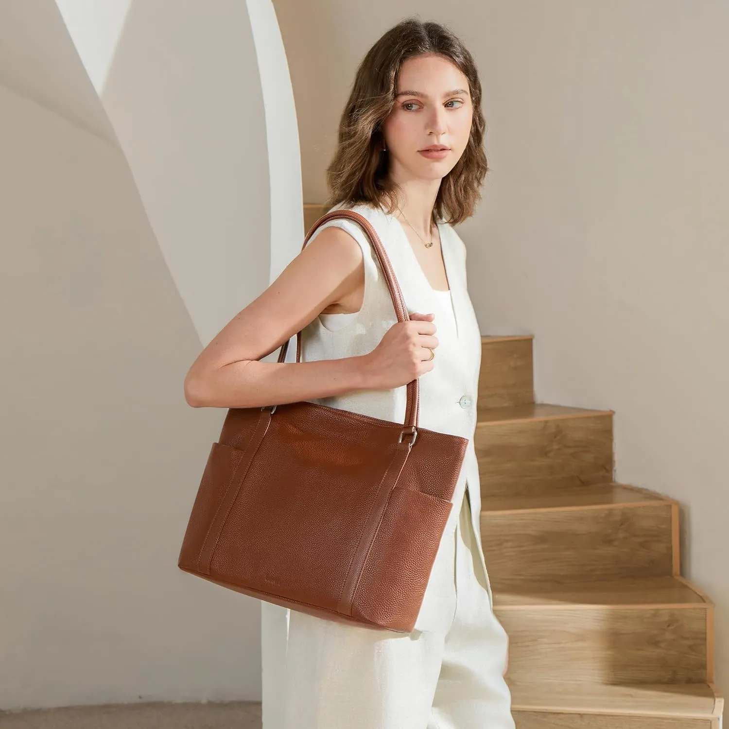 befen Genuine Leather Work Tote Bag for Women Laptop Shoulder Bags Womens Travel Purses Satchel Handbags with Compartments
