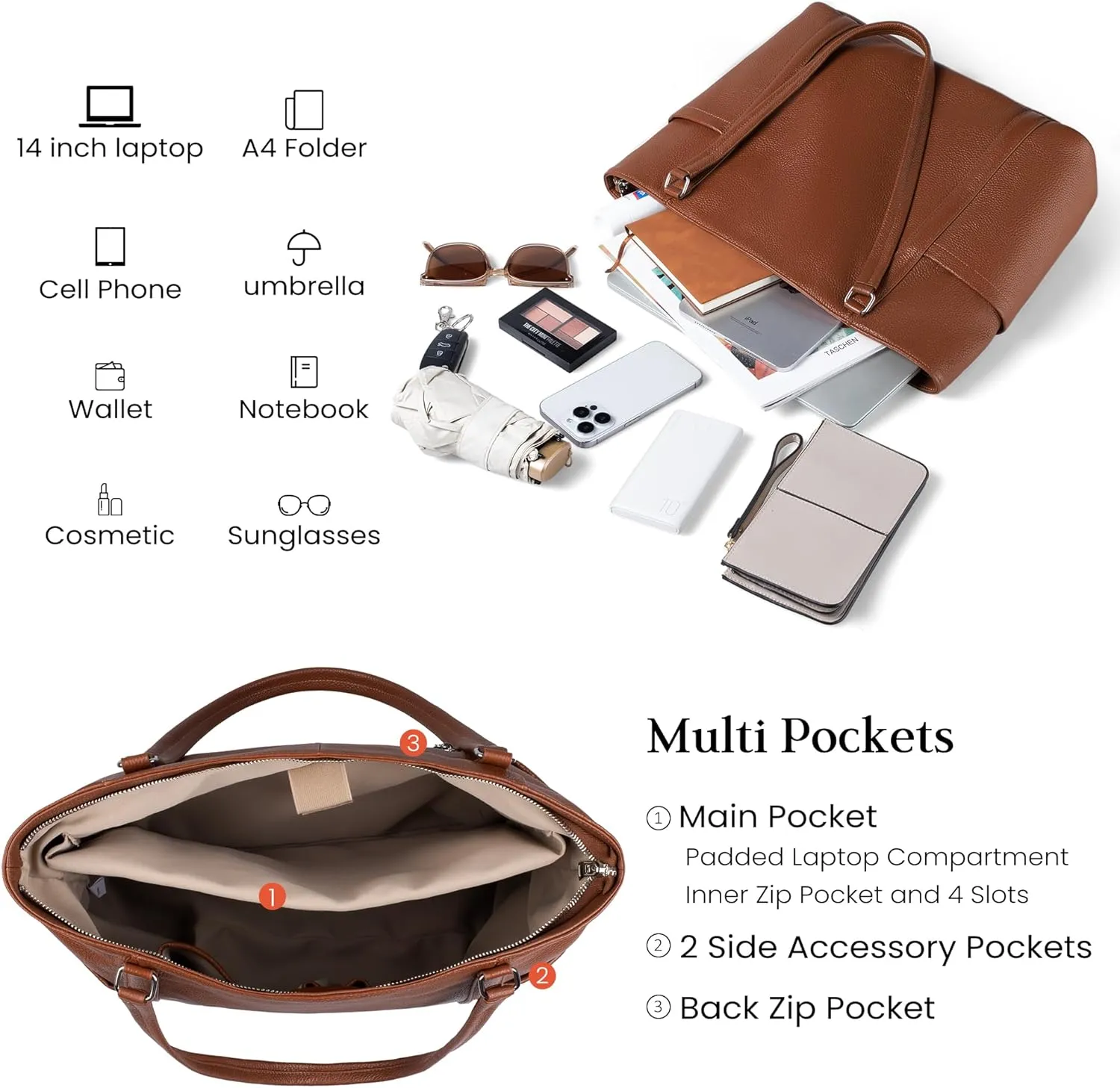 befen Genuine Leather Work Tote Bag for Women Laptop Shoulder Bags Womens Travel Purses Satchel Handbags with Compartments