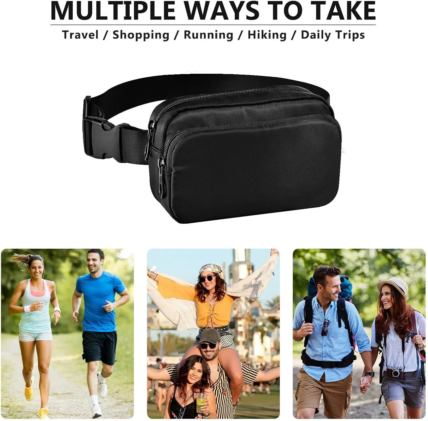 Black Fanny Packs for Women Men, Crossbody Bags Fashionable Running Waist Packs with Adjustable Strap for Traveling Black