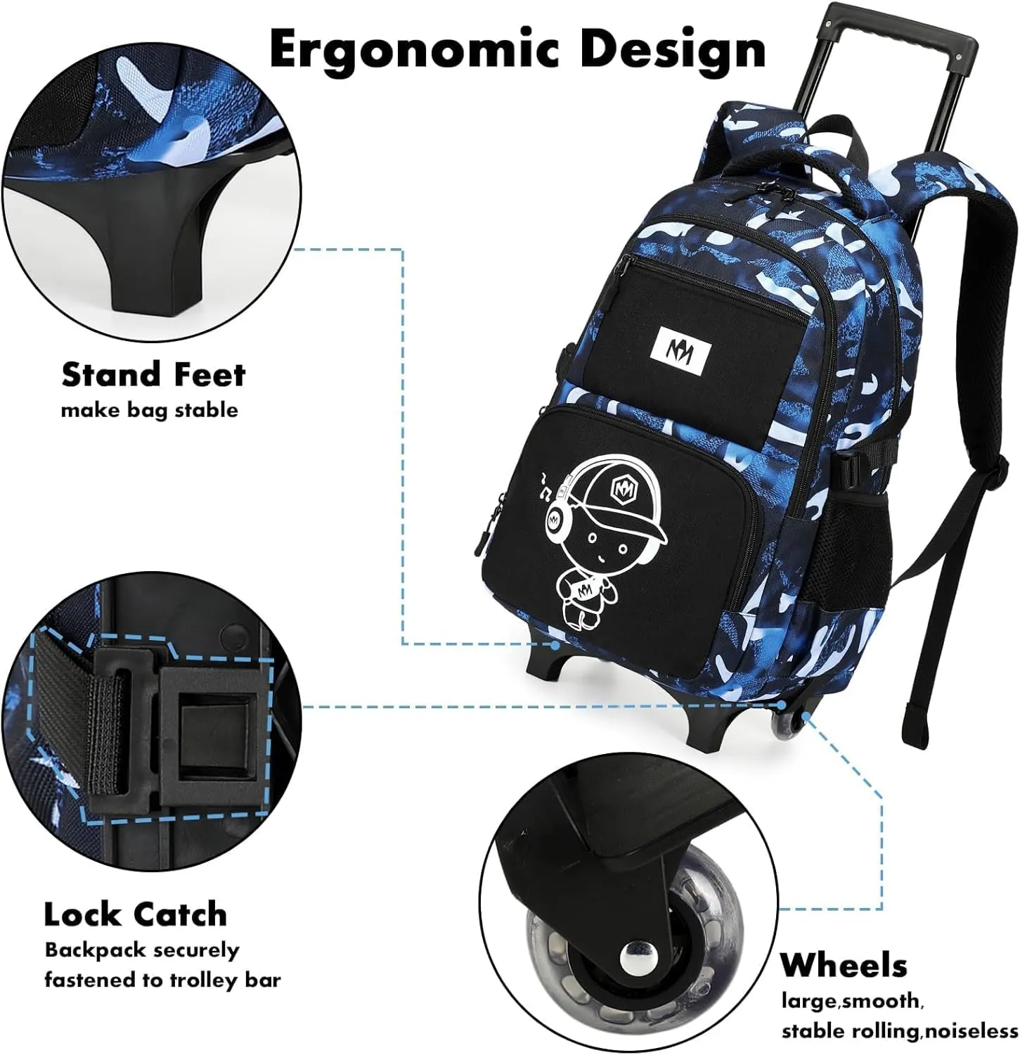 Bluboon Rolling Backpack with Wheels Kids Backpack for Boys Teens Wheeled Bookbag Kids Luggage Travel Hiking (Camouflage Black 9)