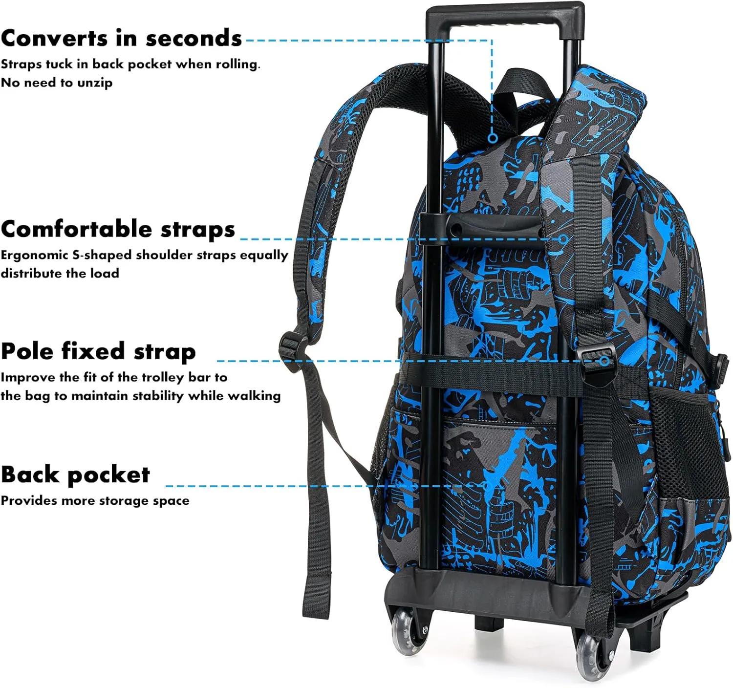Bluboon Rolling Backpack with Wheels Kids Backpack for Boys Teens Wheeled Bookbag Kids Luggage Travel Hiking