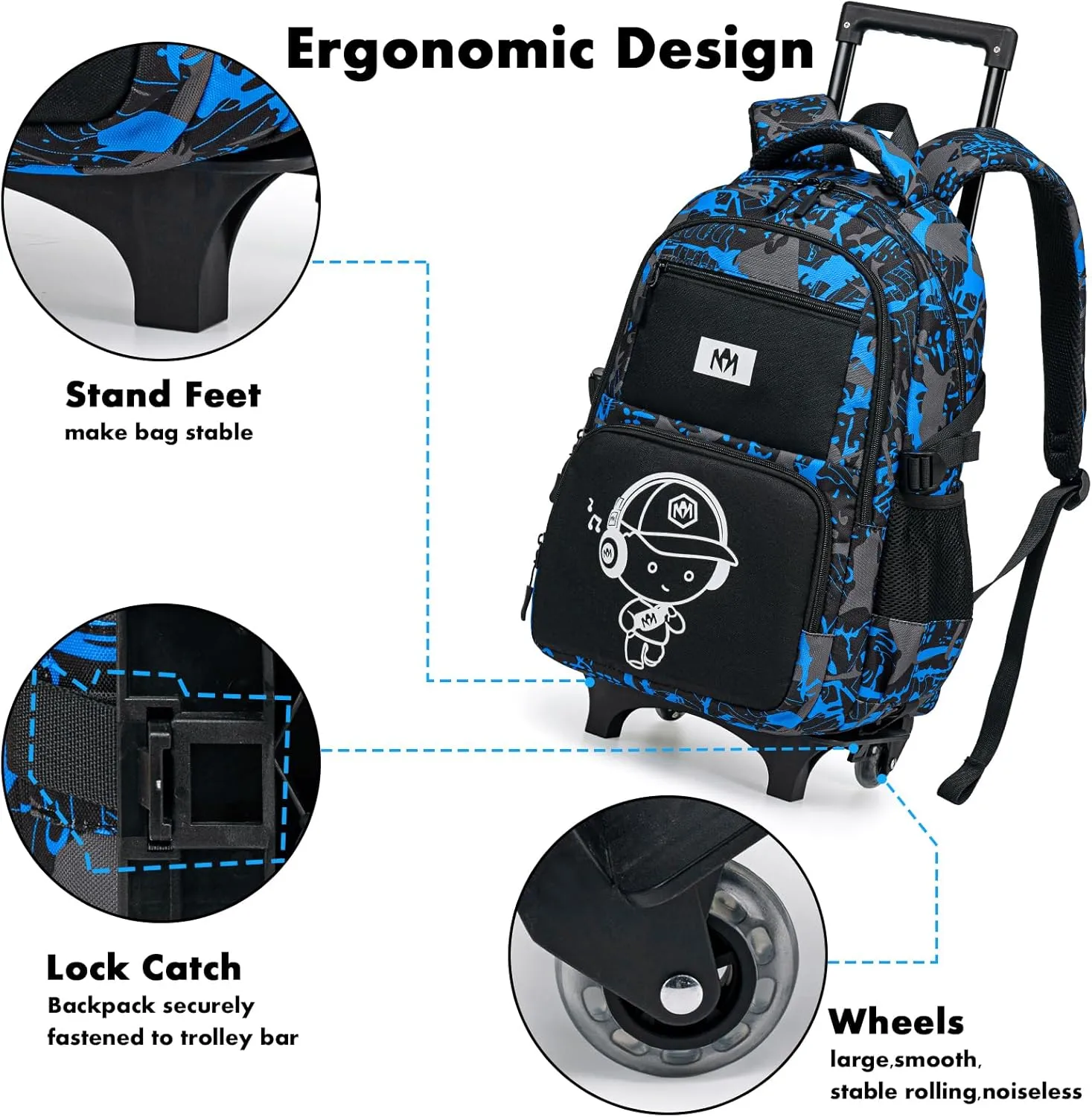 Bluboon Rolling Backpack with Wheels Kids Backpack for Boys Teens Wheeled Bookbag Kids Luggage Travel Hiking