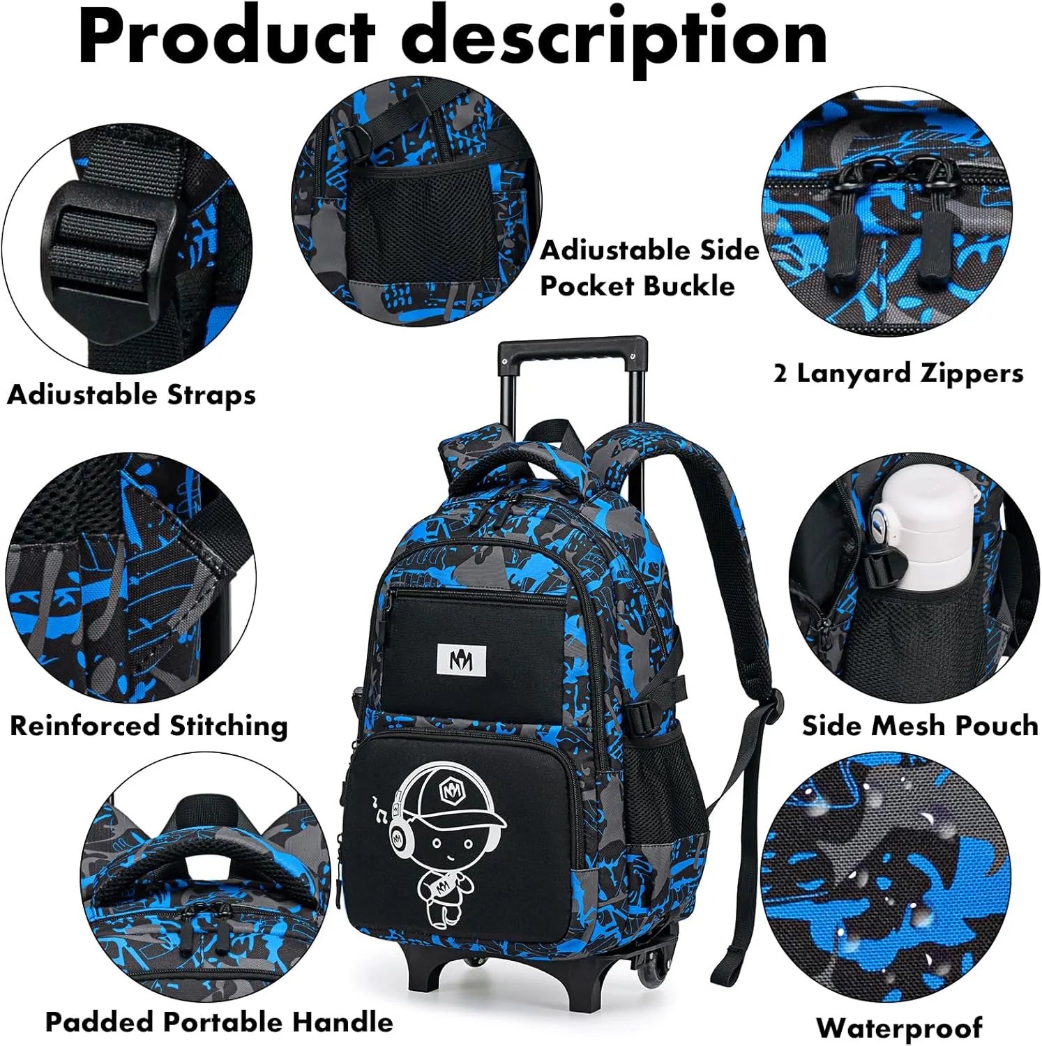 Bluboon Rolling Backpack with Wheels Kids Backpack for Boys Teens Wheeled Bookbag Kids Luggage Travel Hiking