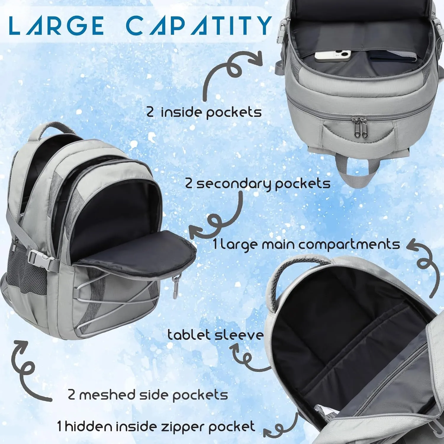 BLUEFAIRY Middle High School Backpack for Boys Girls Large Bookbag with Laptop Compartment Back to School Book Bags for Teens Teenagers Mochilas Escolares para Nios Nias (Light Gray/Gray, Solid)