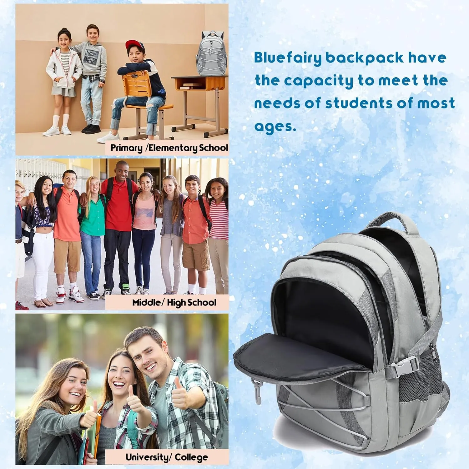 BLUEFAIRY Middle High School Backpack for Boys Girls Large Bookbag with Laptop Compartment Back to School Book Bags for Teens Teenagers Mochilas Escolares para Nios Nias (Light Gray/Gray, Solid)