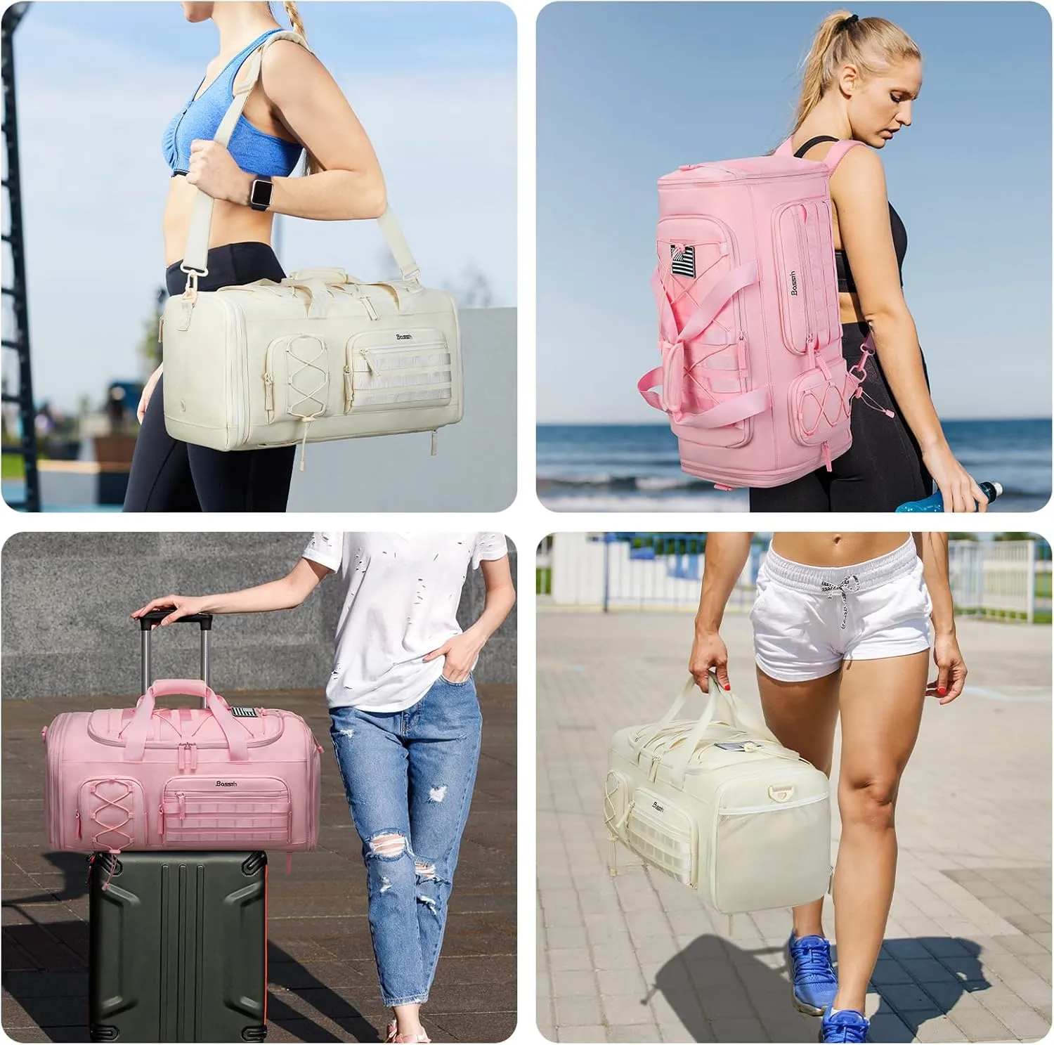 Bosstin Gym Bag for Men & Women,45L Travel Duffle Sports Duffel Bag Gym Weekender Overnight Backpack with Shoe Compartment (4Beige)
