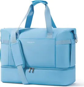 BOSTANTEN Large Travel Duffle Bag with Shoe Compartment and Trolley Sleeve, Waterproof Weekender Bags for Women, Blue