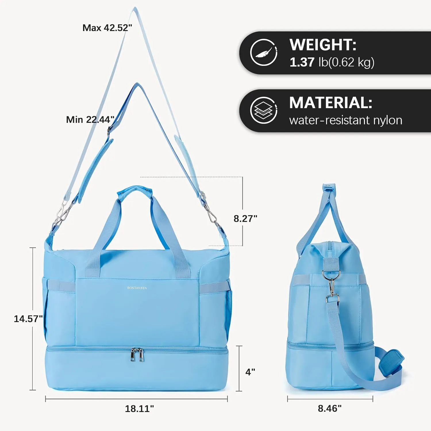BOSTANTEN Large Travel Duffle Bag with Shoe Compartment and Trolley Sleeve, Waterproof Weekender Bags for Women, Blue