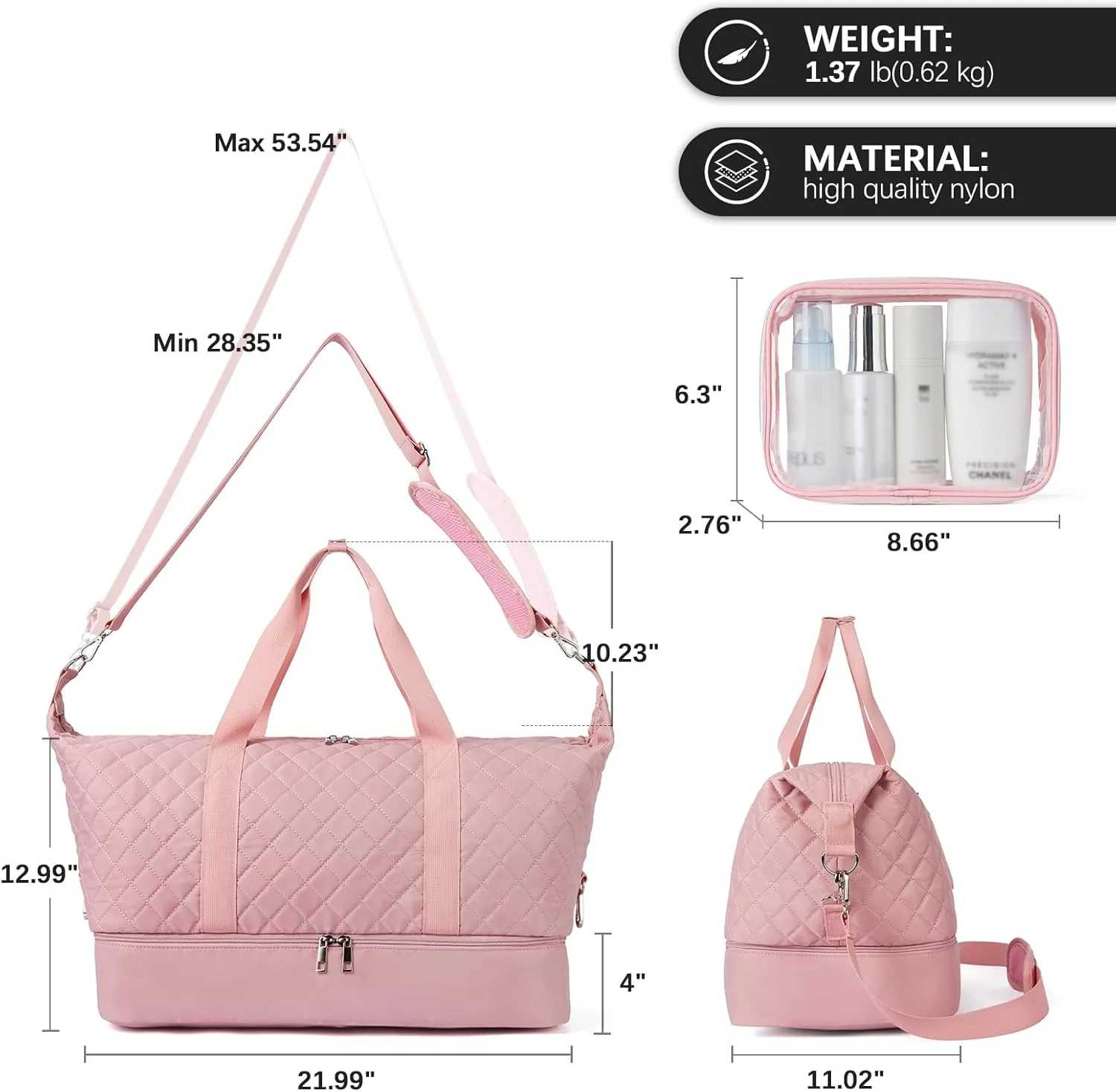 BOSTANTEN Large Travel Duffle Bag with Shoe Compartment and Trolley Sleeve, Waterproof Weekender Bags for Women, Pink