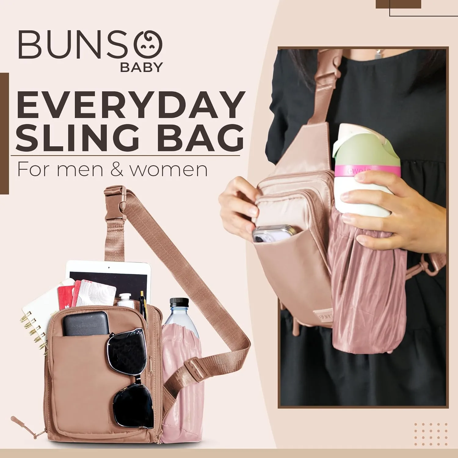 BUNSO Everyday Small Crossbody Bags for Women, Water-Resistant Sling Bag for Men with Waterbottle Holder, 7 x 2.5 x 9