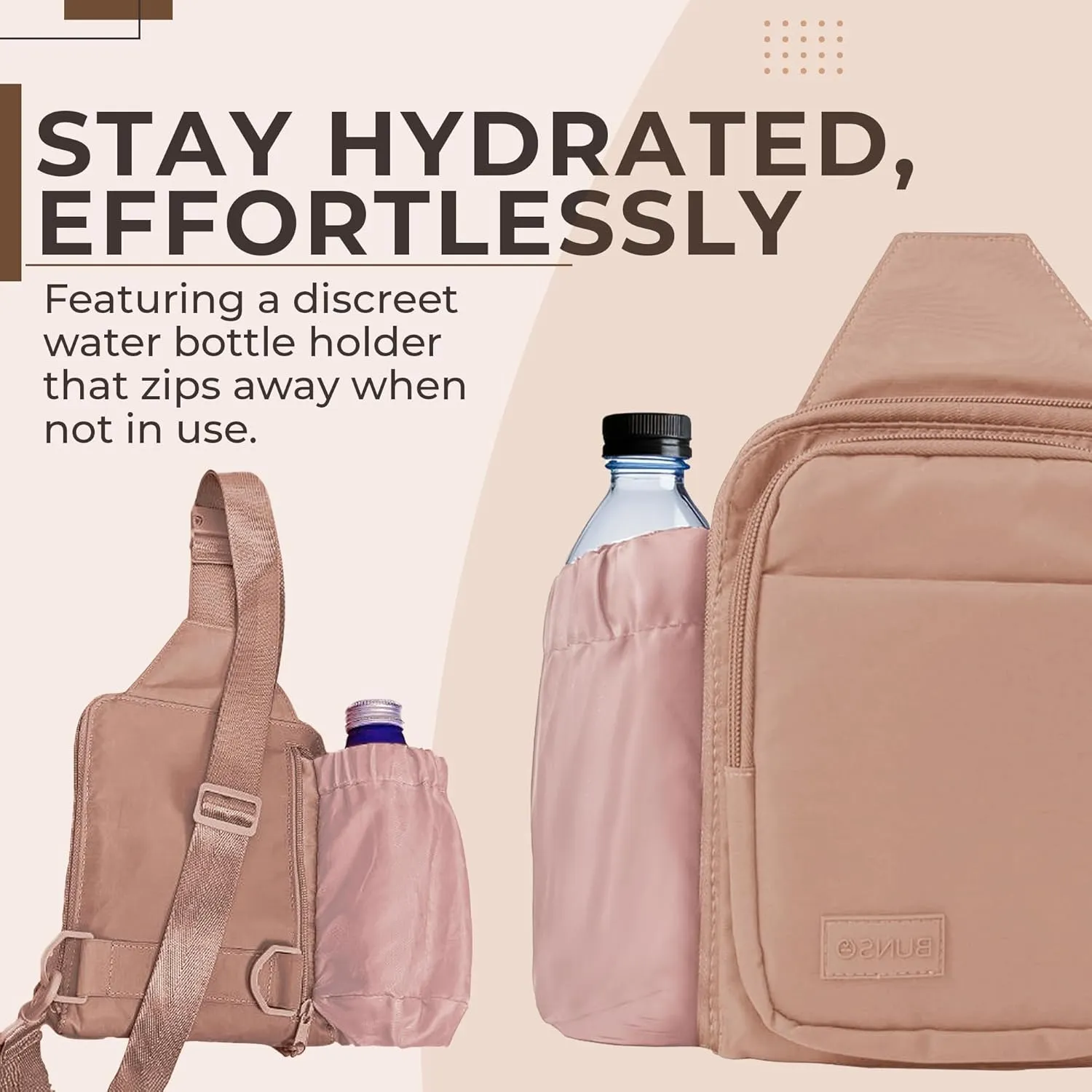 BUNSO Everyday Small Crossbody Bags for Women, Water-Resistant Sling Bag for Men with Waterbottle Holder, 7 x 2.5 x 9