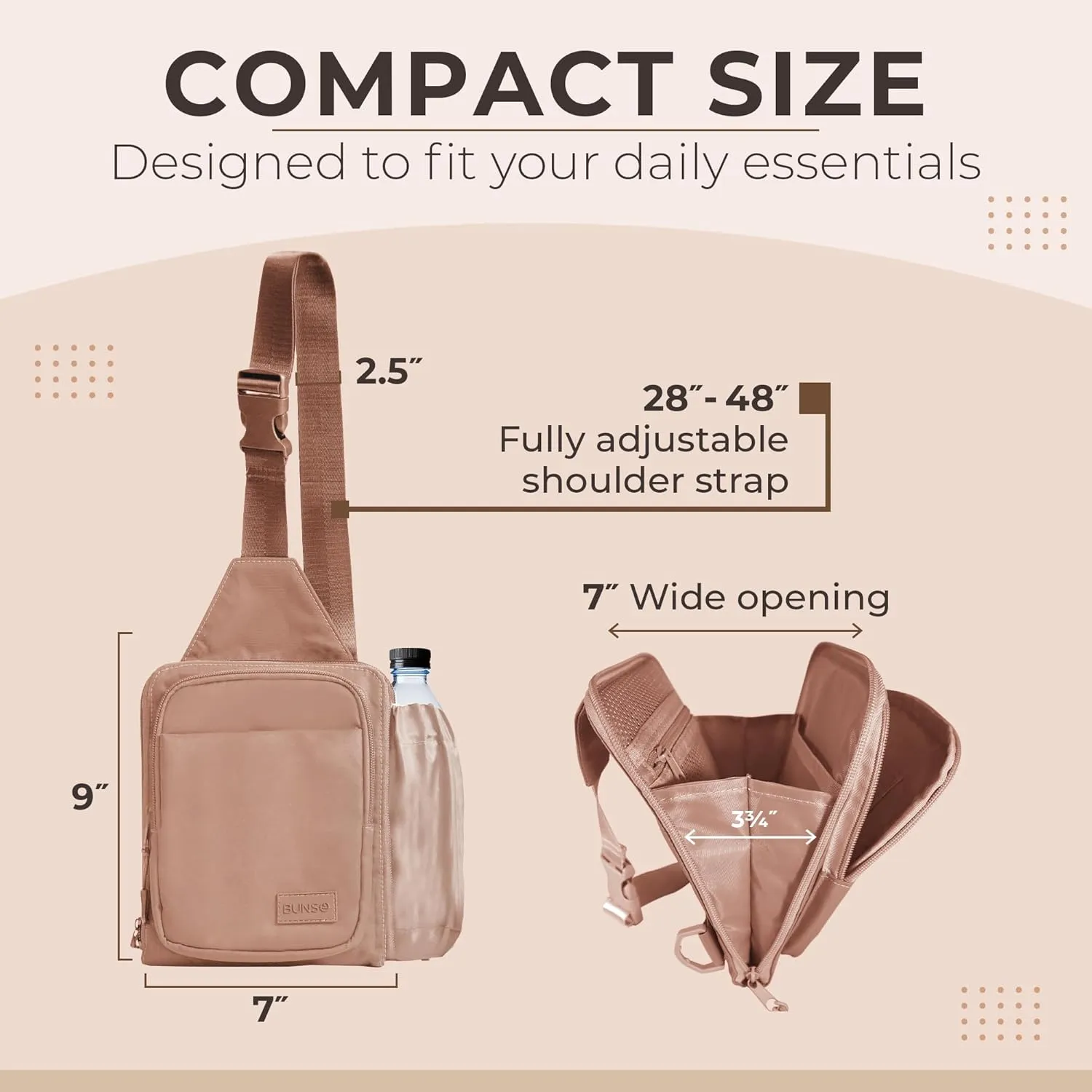 BUNSO Everyday Small Crossbody Bags for Women, Water-Resistant Sling Bag for Men with Waterbottle Holder, 7 x 2.5 x 9
