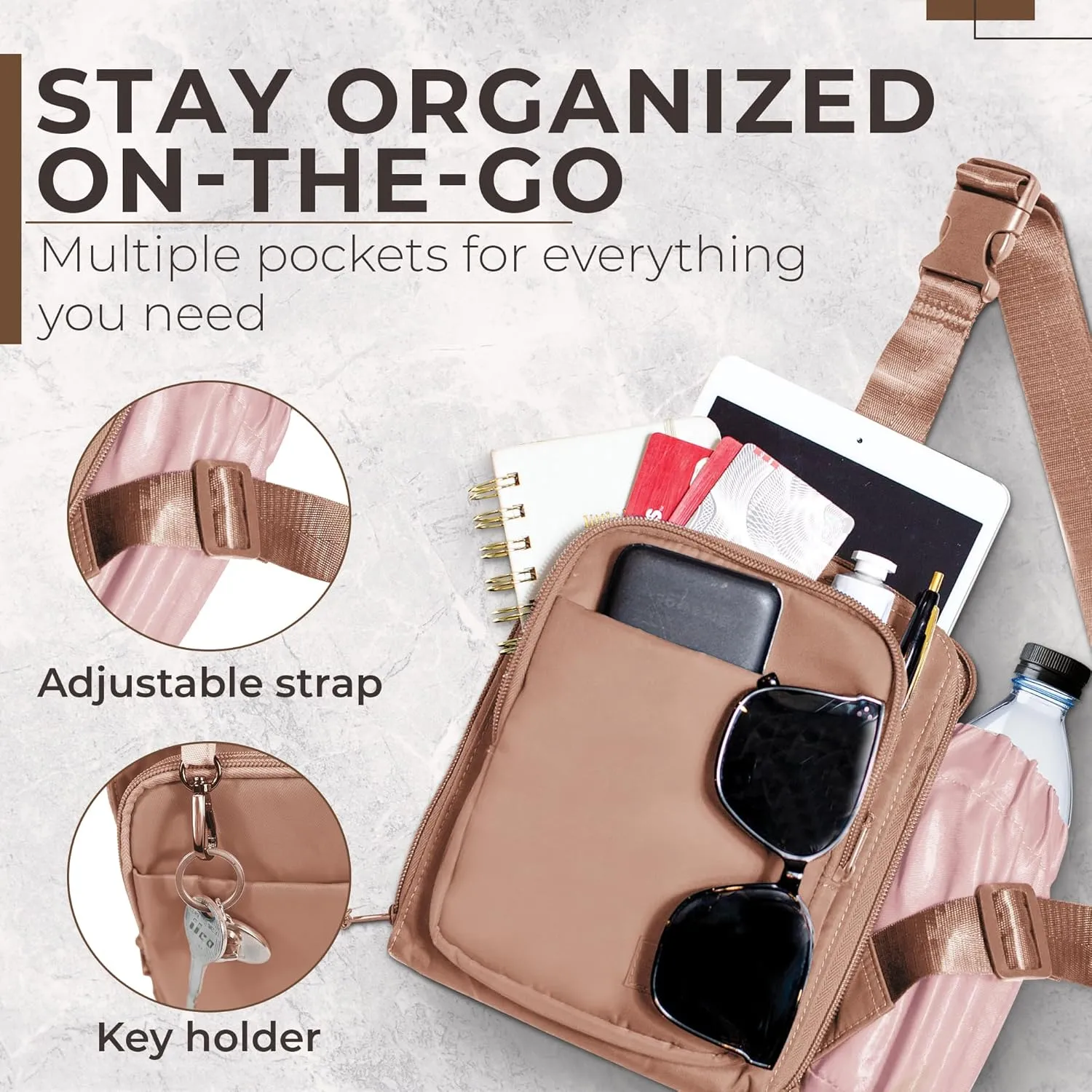 BUNSO Everyday Small Crossbody Bags for Women, Water-Resistant Sling Bag for Men with Waterbottle Holder, 7 x 2.5 x 9