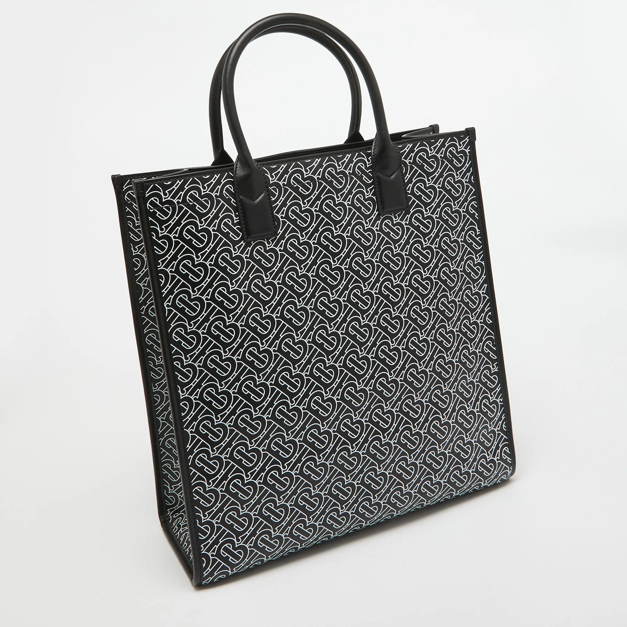 BURBERRY Black/White TB Logo Leather Vertical Danny Tote