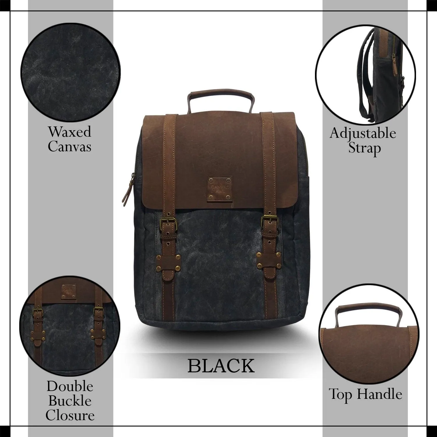 CANVAS & AWL Waxed Canvas & Genuine Leather Unisex Backpack Travel Bag With Adjustable Strap & Top Handle (Black)