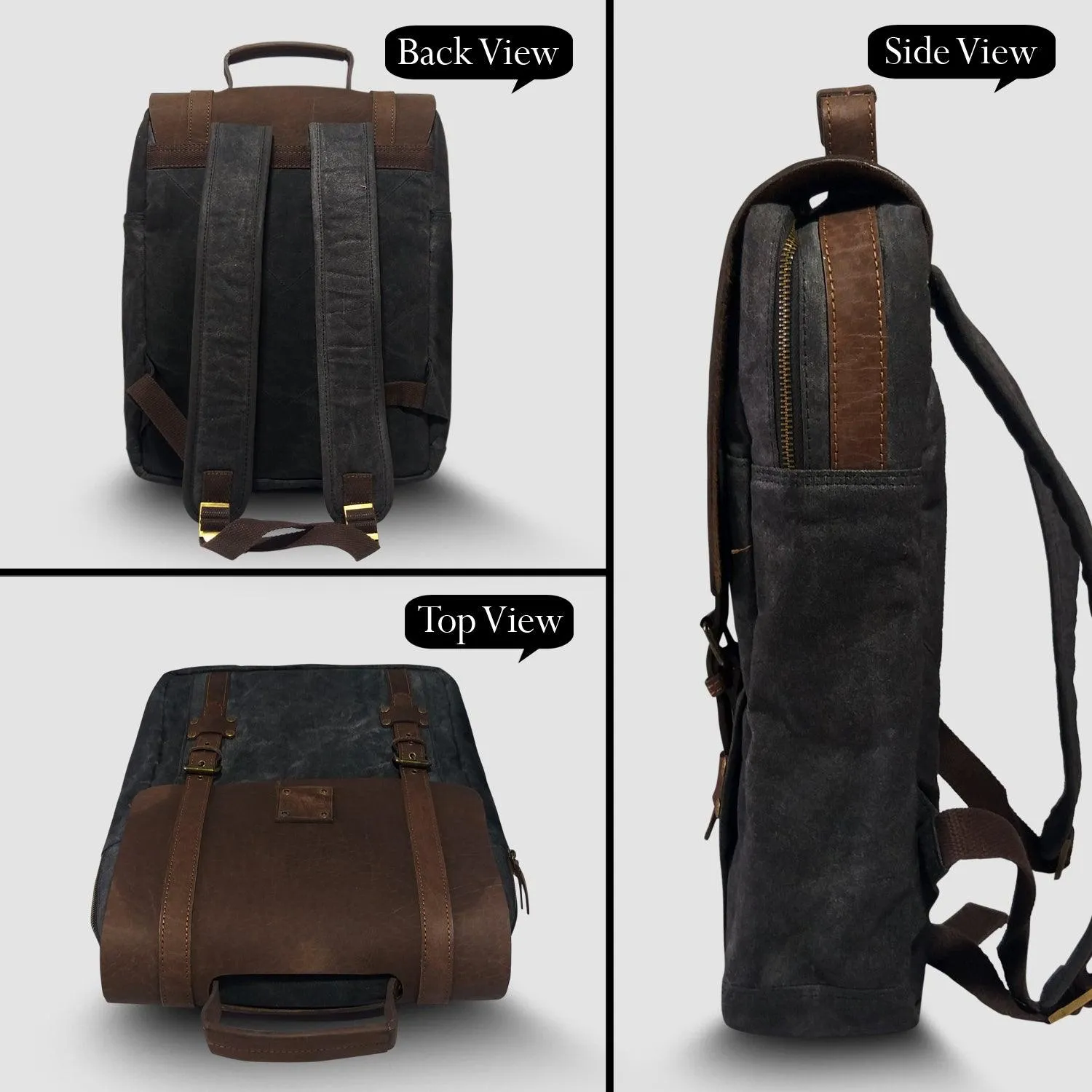 CANVAS & AWL Waxed Canvas & Genuine Leather Unisex Backpack Travel Bag With Adjustable Strap & Top Handle (Black)