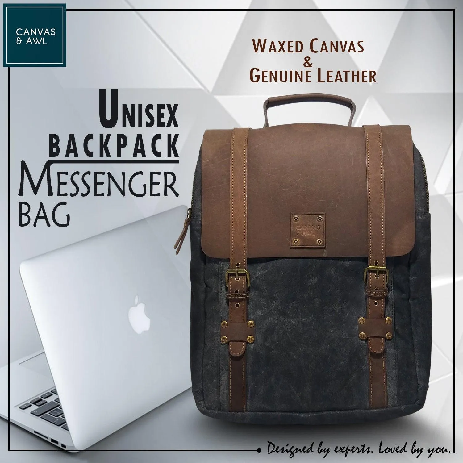 CANVAS & AWL Waxed Canvas & Genuine Leather Unisex Backpack Travel Bag With Adjustable Strap & Top Handle (Black)