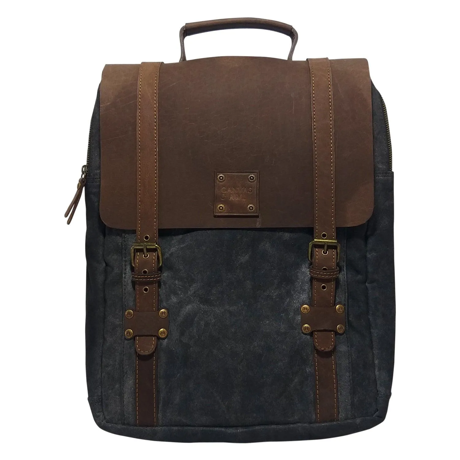CANVAS & AWL Waxed Canvas & Genuine Leather Unisex Backpack Travel Bag With Adjustable Strap & Top Handle (Black)