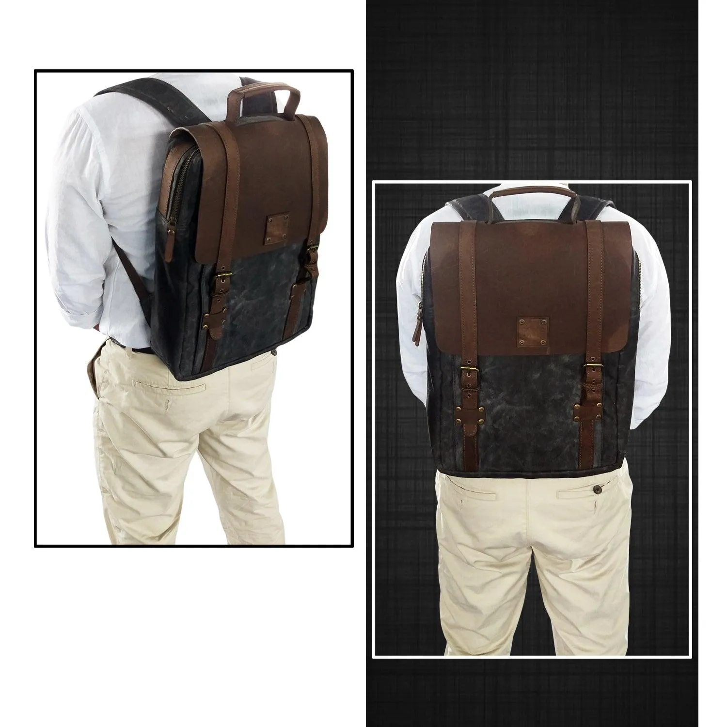 CANVAS & AWL Waxed Canvas & Genuine Leather Unisex Backpack Travel Bag With Adjustable Strap & Top Handle (Black)