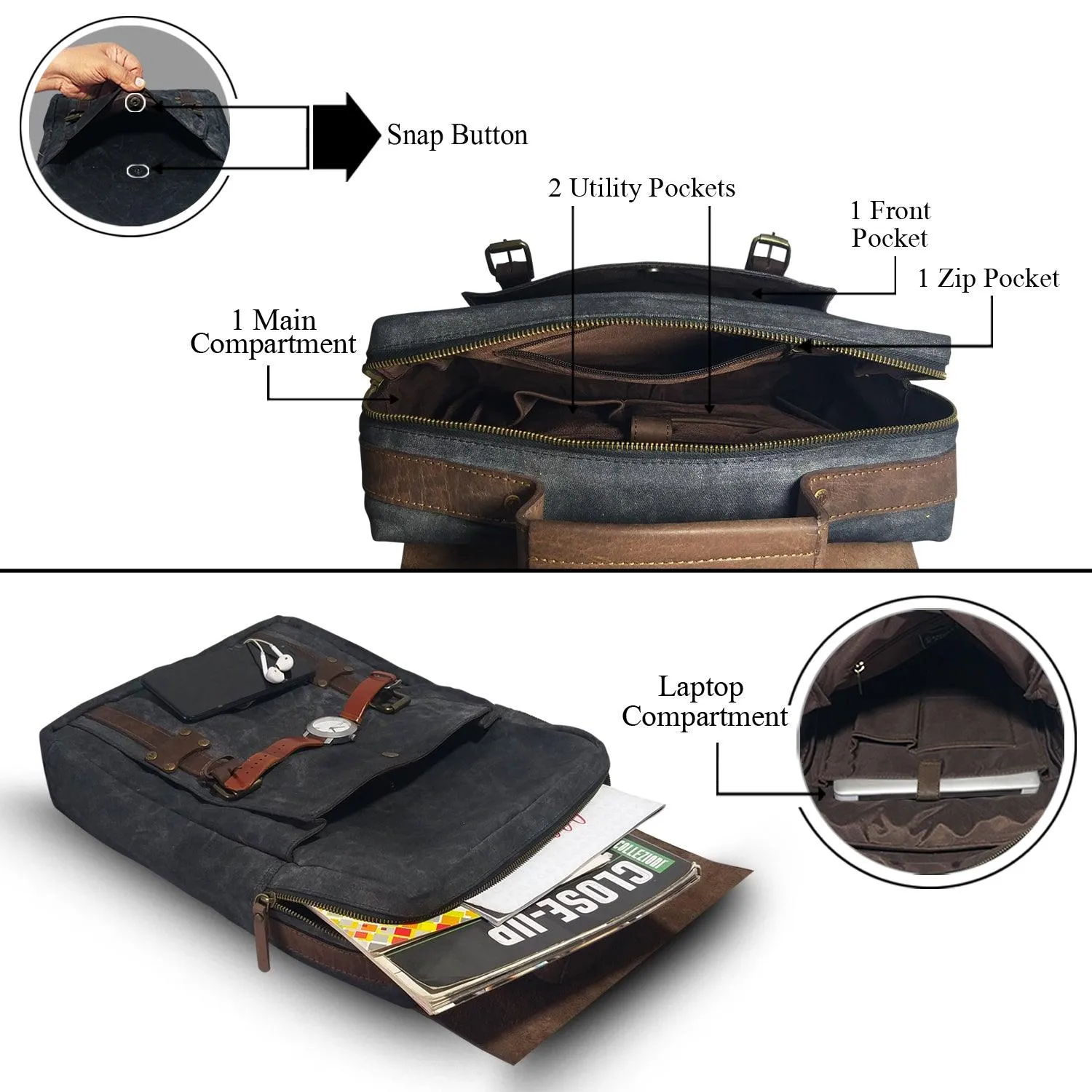 CANVAS & AWL Waxed Canvas & Genuine Leather Unisex Backpack Travel Bag With Adjustable Strap & Top Handle (Black)