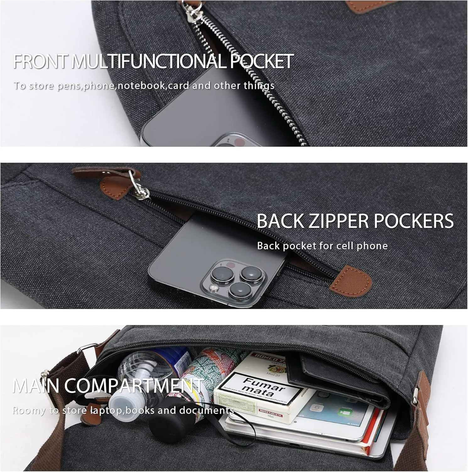 Canvas Messenger bag for Men Women, Shoulder Crossbody Bag for 13.3" Laptop, Office,Business