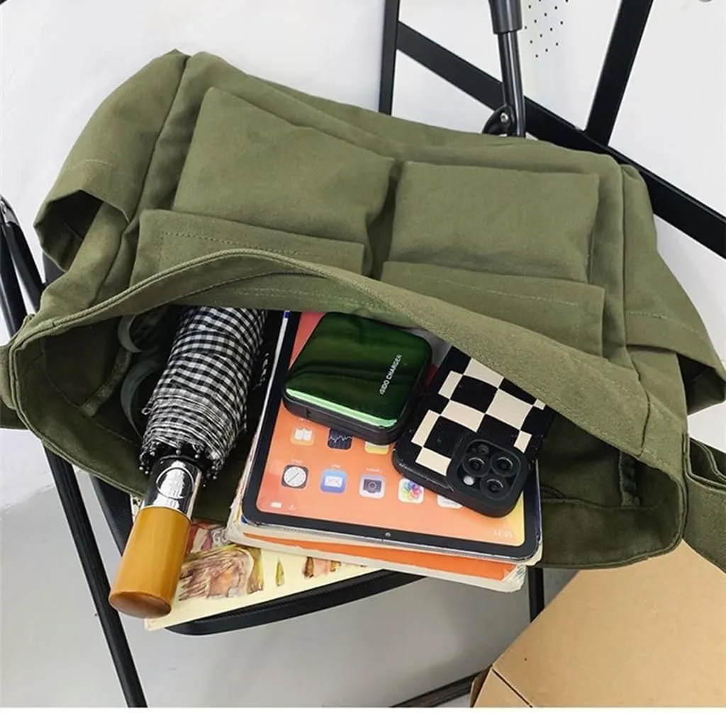 Canvas Messenger Bags for Women, Men Large Cotton Tote Crossbody Bag with Zipper, Cute Shoulder Laptop Bag