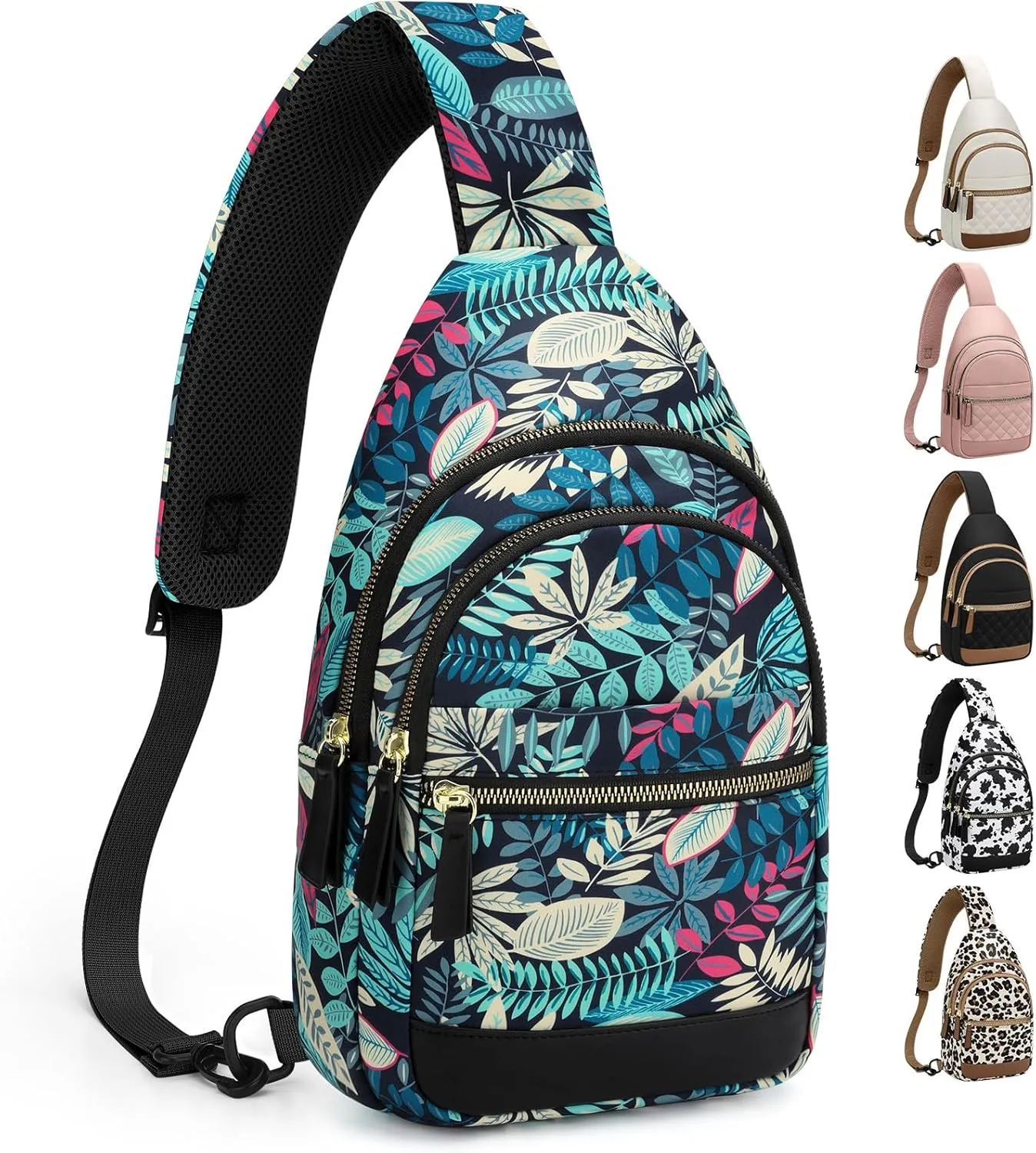 Capolo Sling Bag for Women Men Waterproof Crossbody Bags for Women Trendy Casual Fanny Pack with Convertible Shoulder Strap Chest Bag for Travel Hiking(Blue Leaves, Medium)