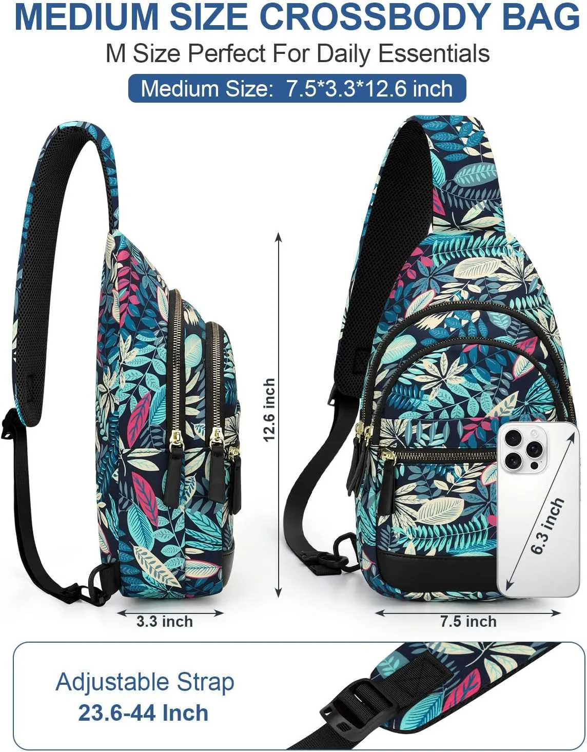 Capolo Sling Bag for Women Men Waterproof Crossbody Bags for Women Trendy Casual Fanny Pack with Convertible Shoulder Strap Chest Bag for Travel Hiking(Blue Leaves, Medium)