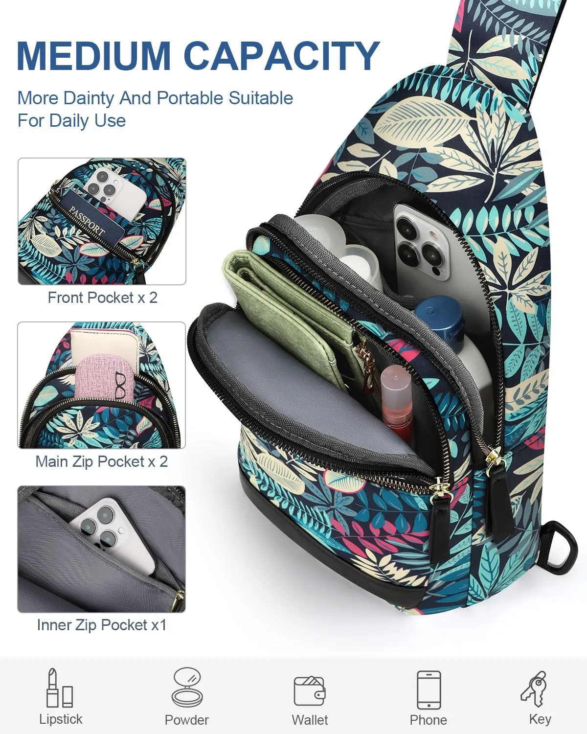 Capolo Sling Bag for Women Men Waterproof Crossbody Bags for Women Trendy Casual Fanny Pack with Convertible Shoulder Strap Chest Bag for Travel Hiking(Blue Leaves, Medium)