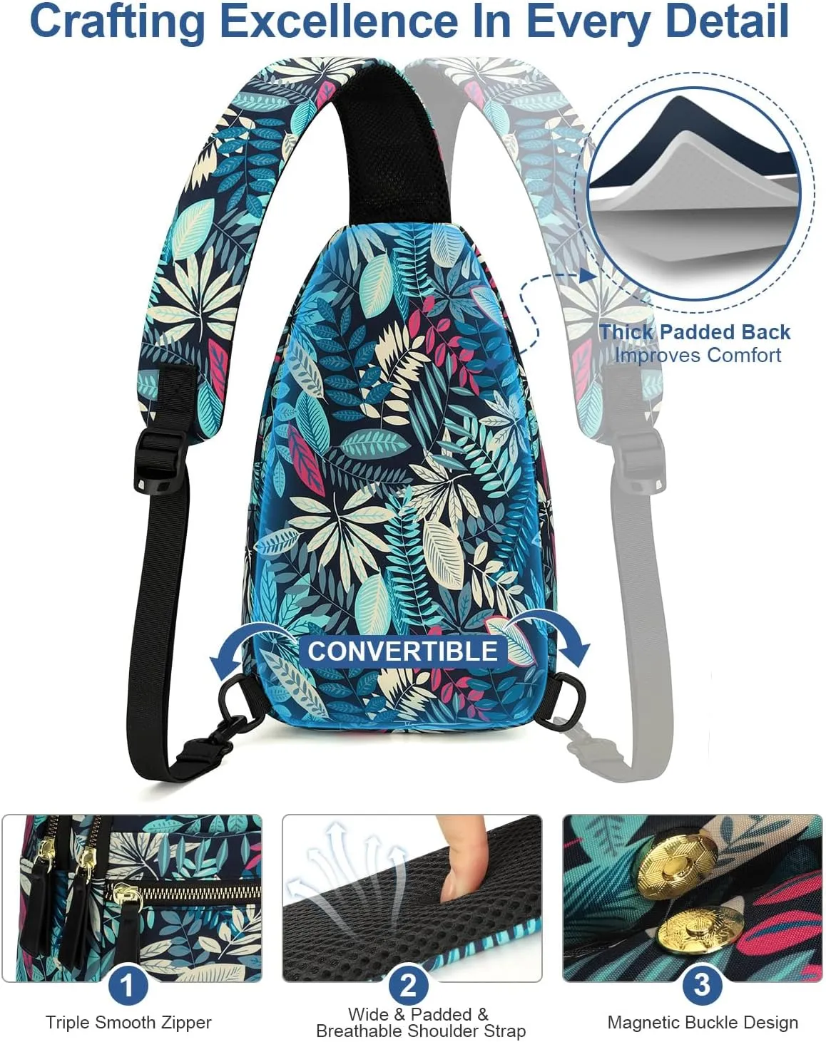 Capolo Sling Bag for Women Men Waterproof Crossbody Bags for Women Trendy Casual Fanny Pack with Convertible Shoulder Strap Chest Bag for Travel Hiking(Blue Leaves, Medium)