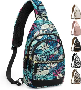 Capolo Sling Bag for Women Men Waterproof Crossbody Bags for Women Trendy Casual Fanny Pack with Convertible Shoulder Strap Chest Bag for Travel Hiking(Blue Leaves, Medium)